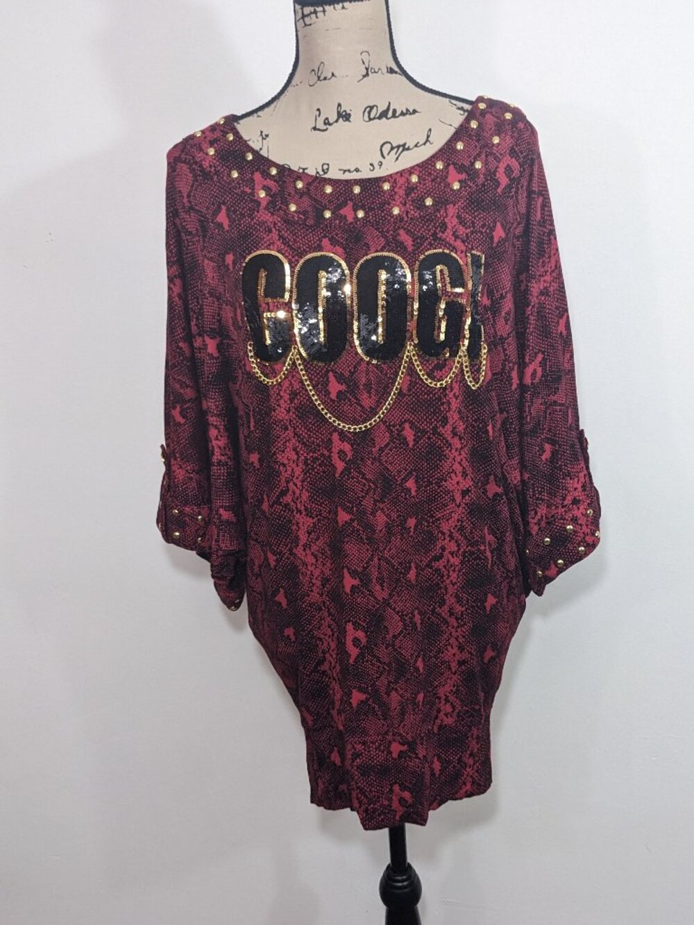 NWT COOGI Womens Snake Print Tunic Top M Red Gold Sequin Spellout Logo